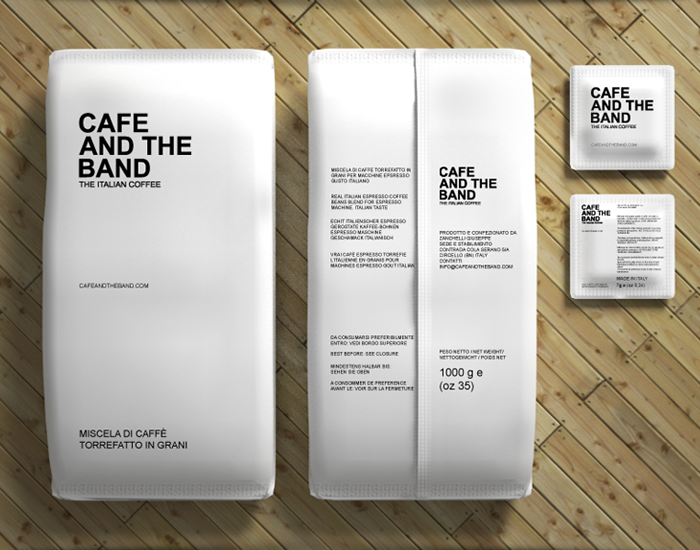 Minimal printed packaging of Cafe and the Band coffee
