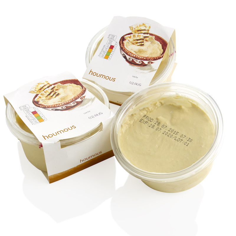Printed expiration codes on Houmous food packaging