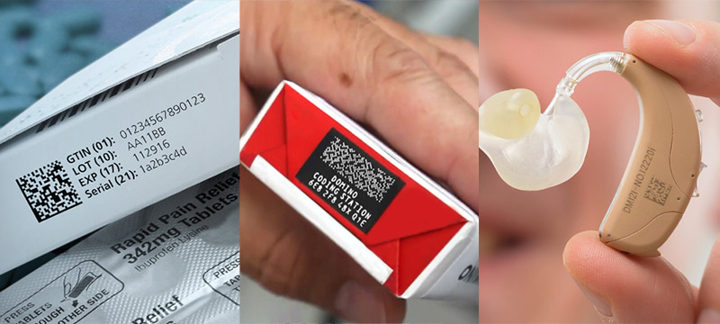 The image shows different products coded with 2D codes for pharmaceutical, tobacco and medical devices, using DataMatrix and Dotcodes.