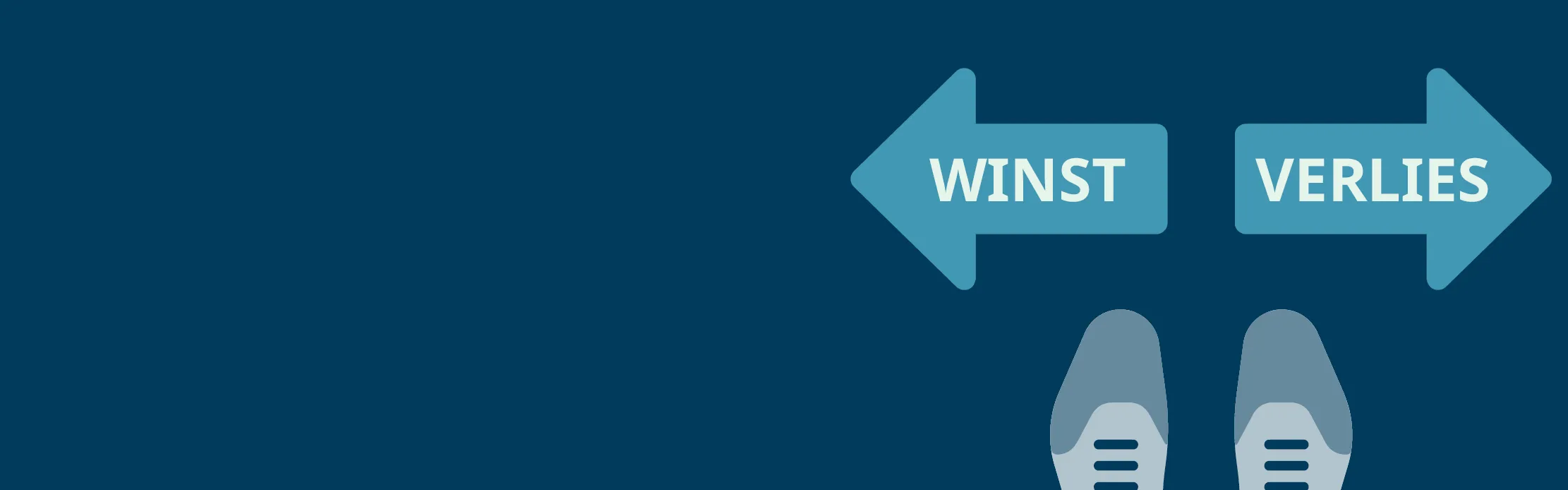 Een paar schoenen staat voor twee pijlen die in tegengestelde richtingen wijzen, voor winst en verlies.