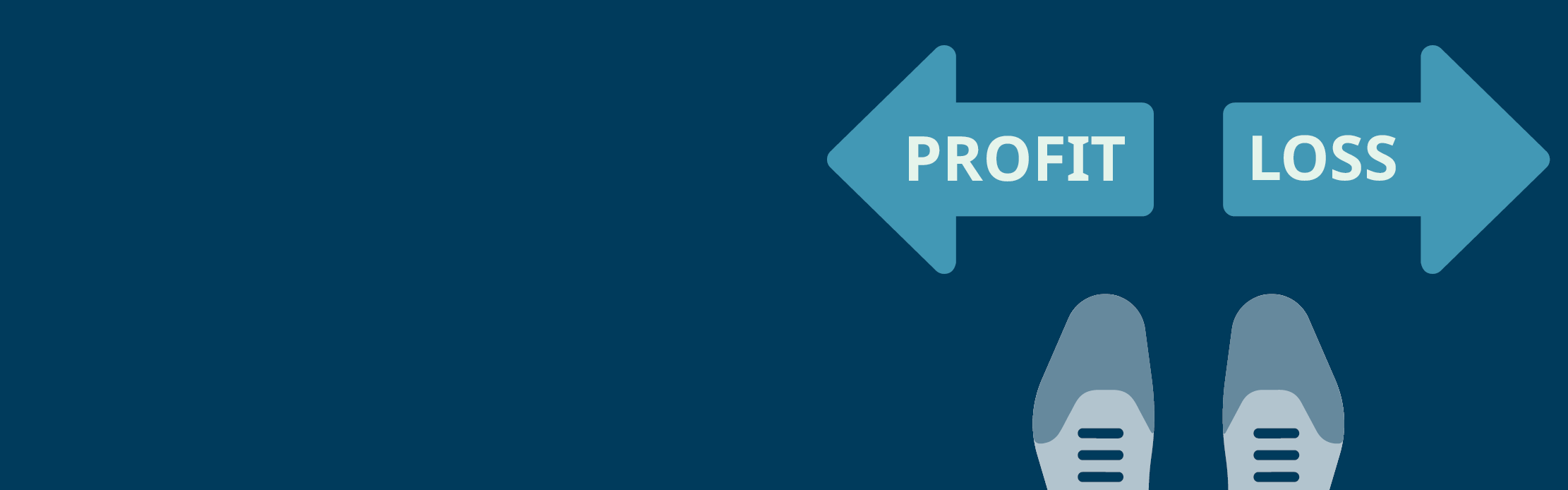 a pair of shoes standing in front of two arrows pointing into opposite directions for profit and loss