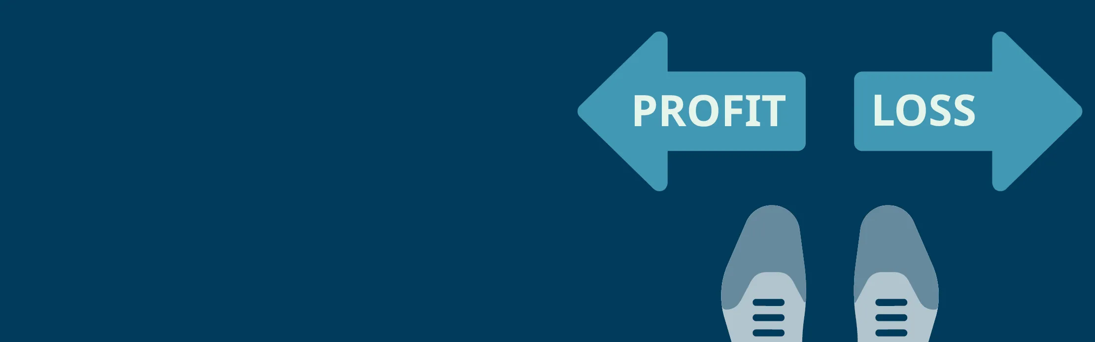 a pair of shoes standing in front of two arrows pointing into opposite directions for profit and loss