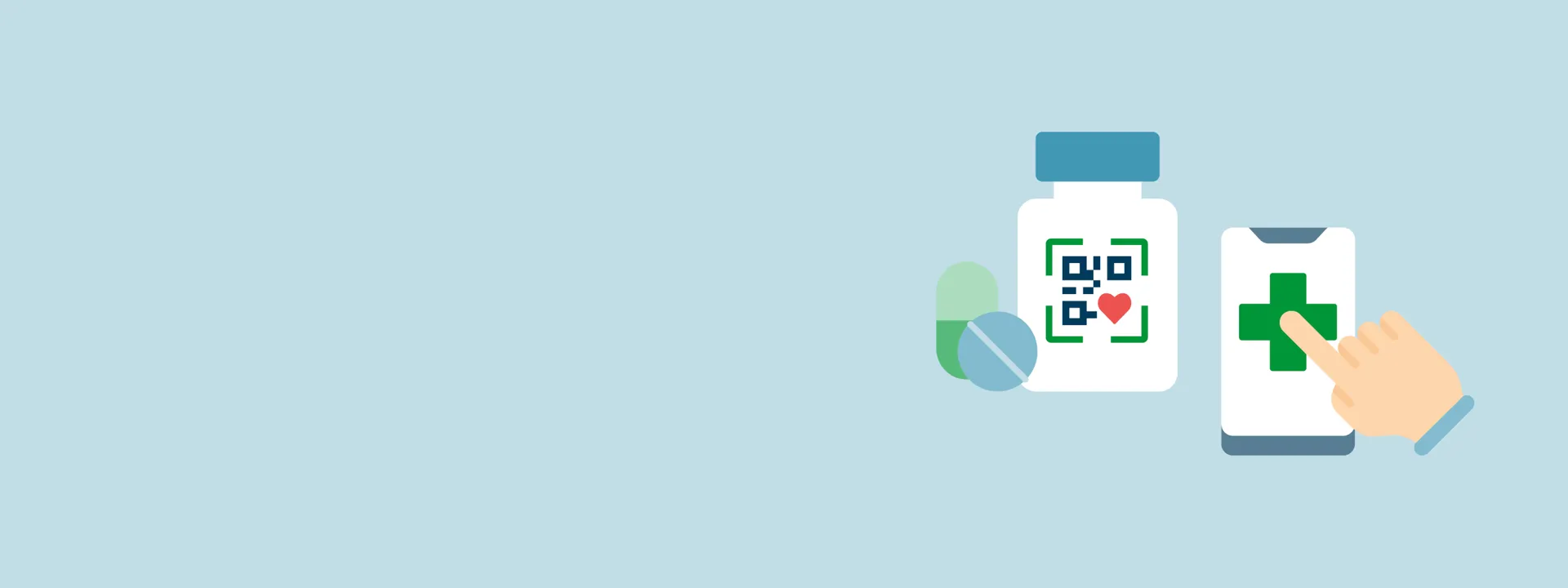 Stylised art banner showing medicine bottle with with QR code on and a medical sign with finger pointing to it
