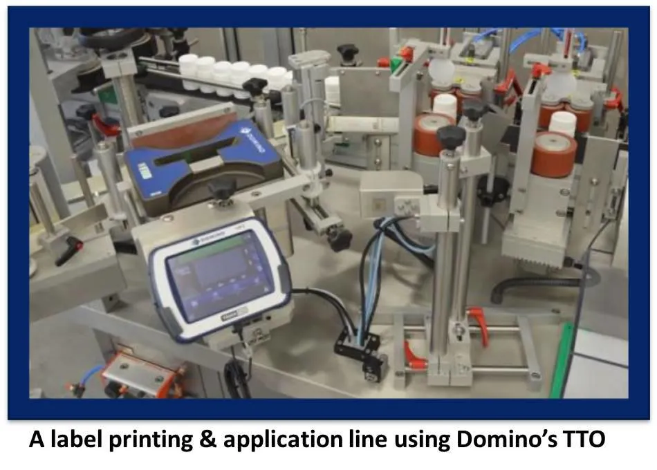 A label printing & application line using Domino's TTO