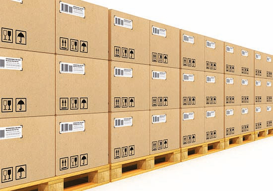 Labelled boxes on pallets