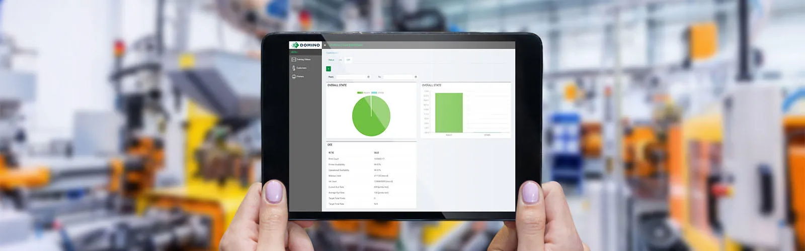 Banner of hands holding a tablet with a pie chart and some graphical information