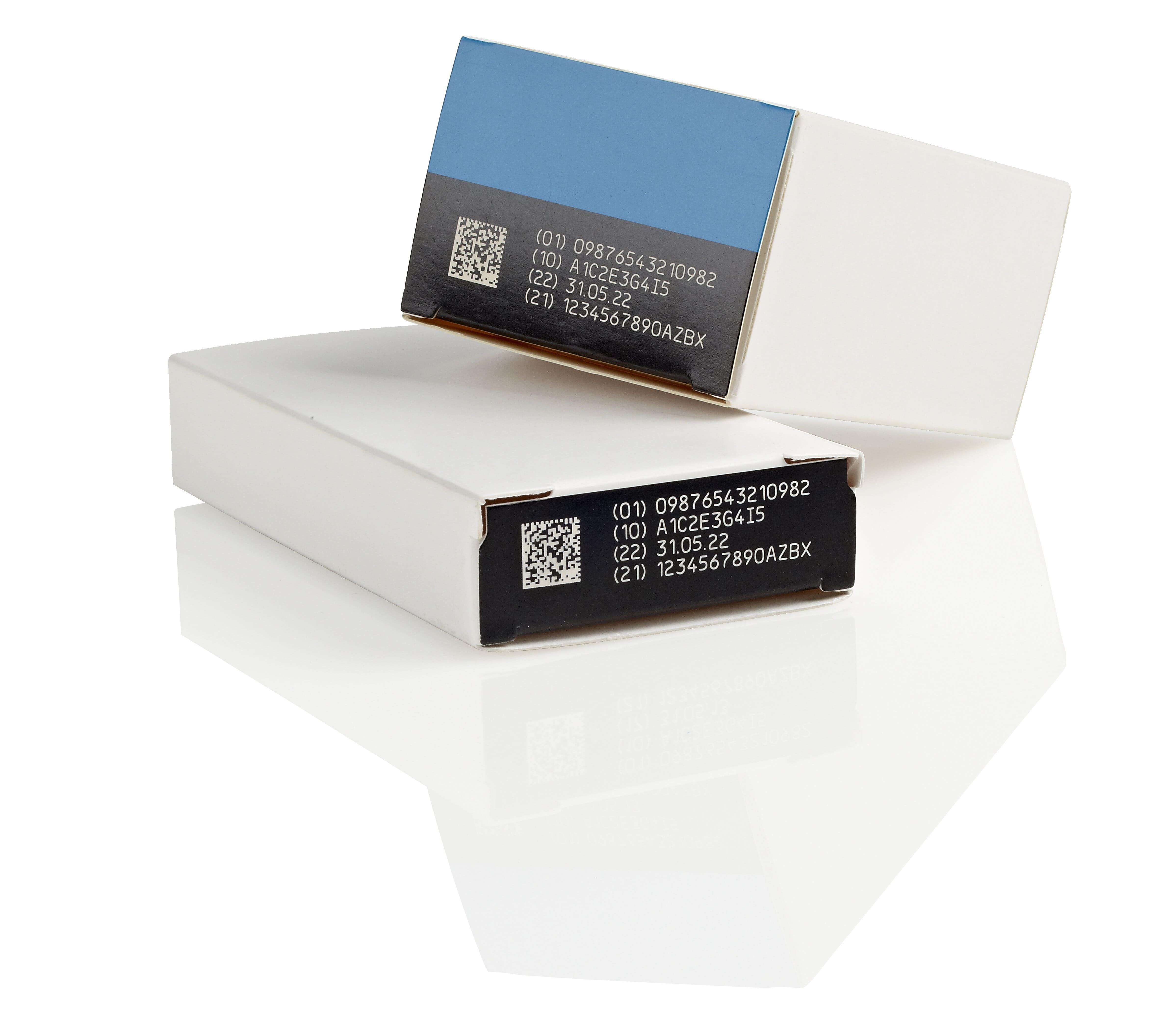Example of a 2D barcode printed onto pharmaceutical packaging