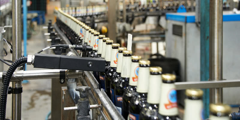 Wells Young bottling plant conveyor belt applying codes to the neck of glass bottles with Domino print head and scanner
