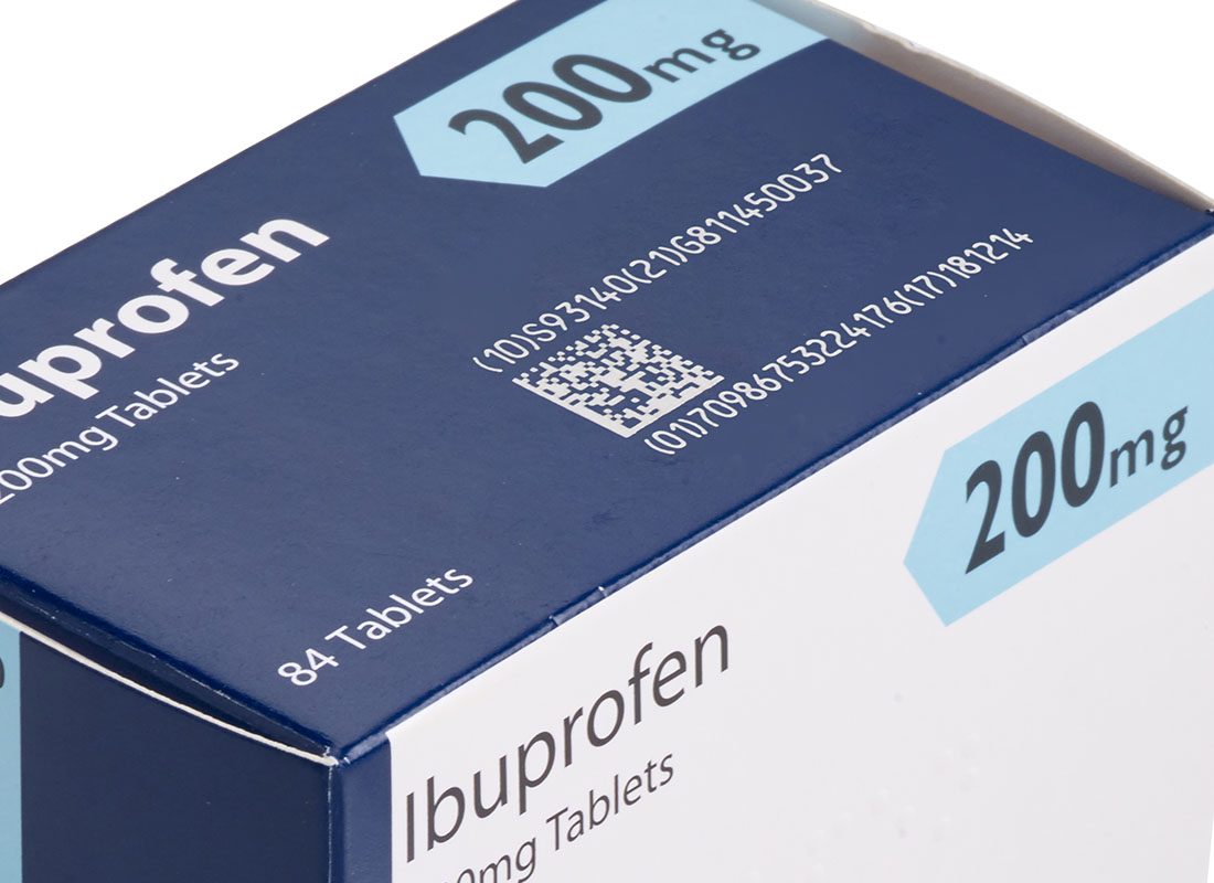 Ibuprofen Bottle with Domino CO2 laser-coded QR Code and Serial Number