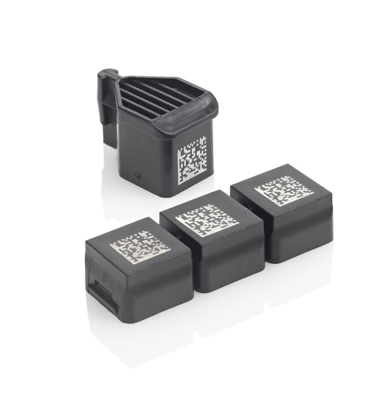 Data matrix code printed onto small, black components