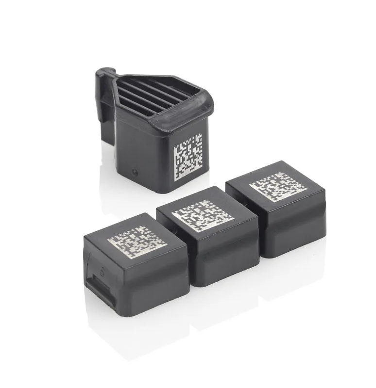 Data matrix code printed onto small, black components