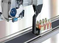 Etiketten aanbrengen op dozen aan productielijn, voorkant en achterkant met de Domino M230i S & SP