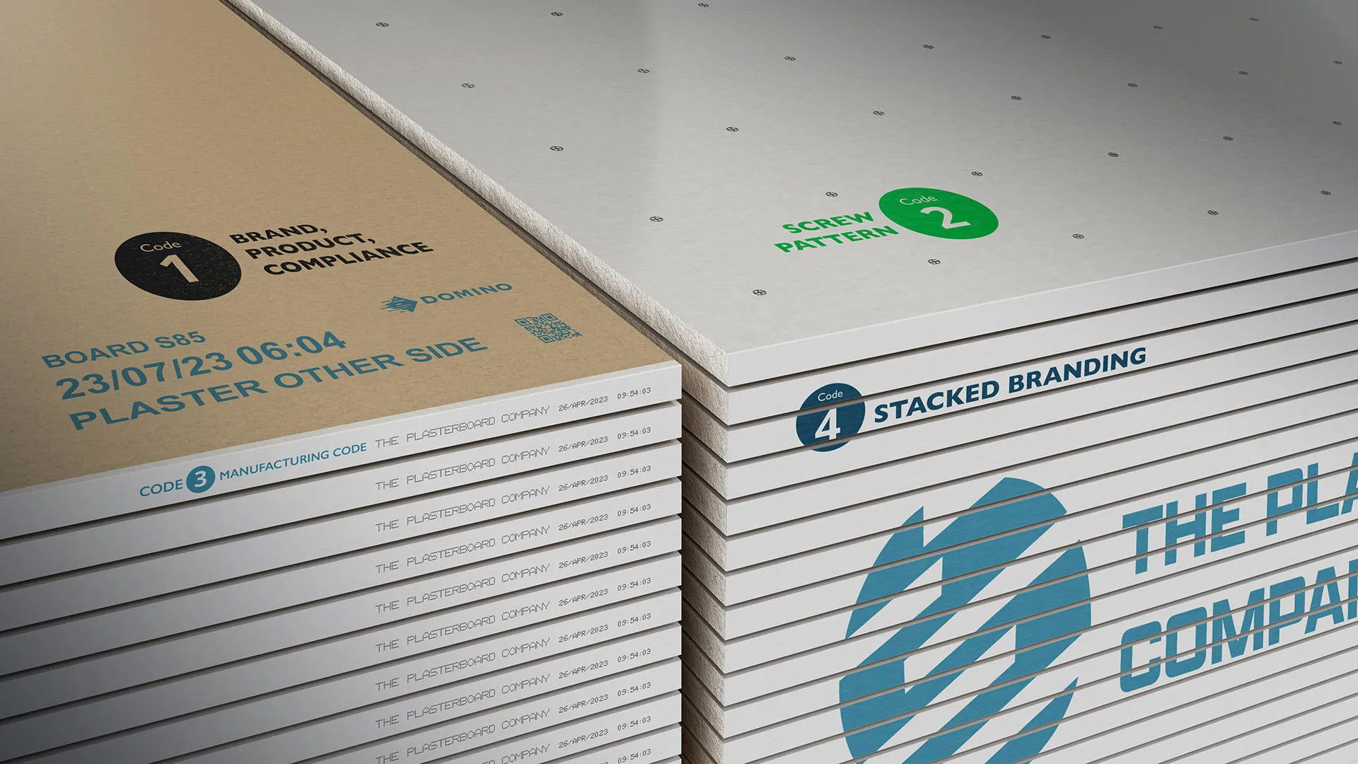 A stack of plasterboard including branding and 2D codes