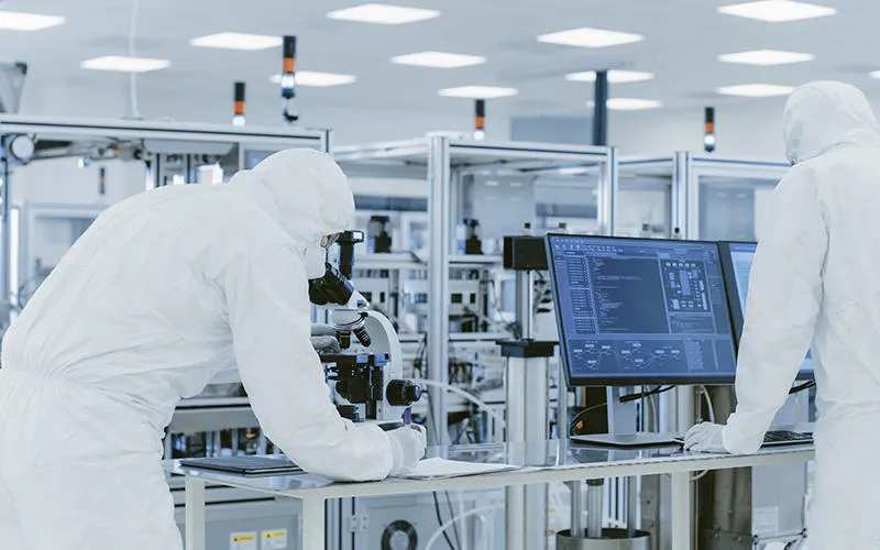 people in fully clothed PPE in lab reviewing microscope and data on screen