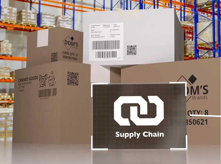 Grafische Darstellung verschiedener Versandkartons, die mit Barcodes und QR-Codes gekennzeichnet sind