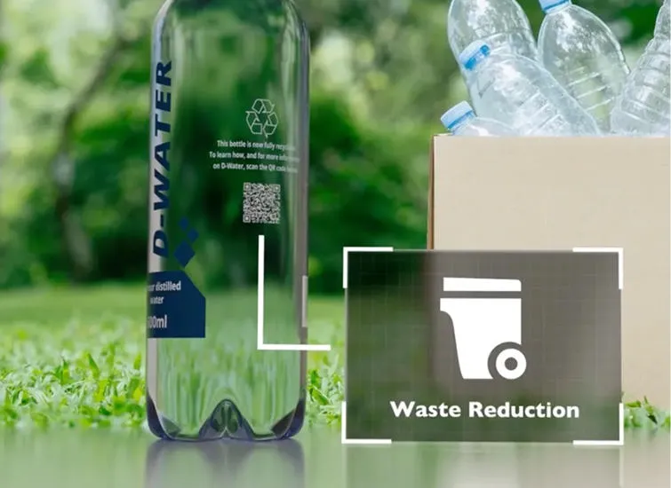 Grafisch dargestellte Trinkflasche mit QR-Code-Verlinkung zu Recyclinginformationen