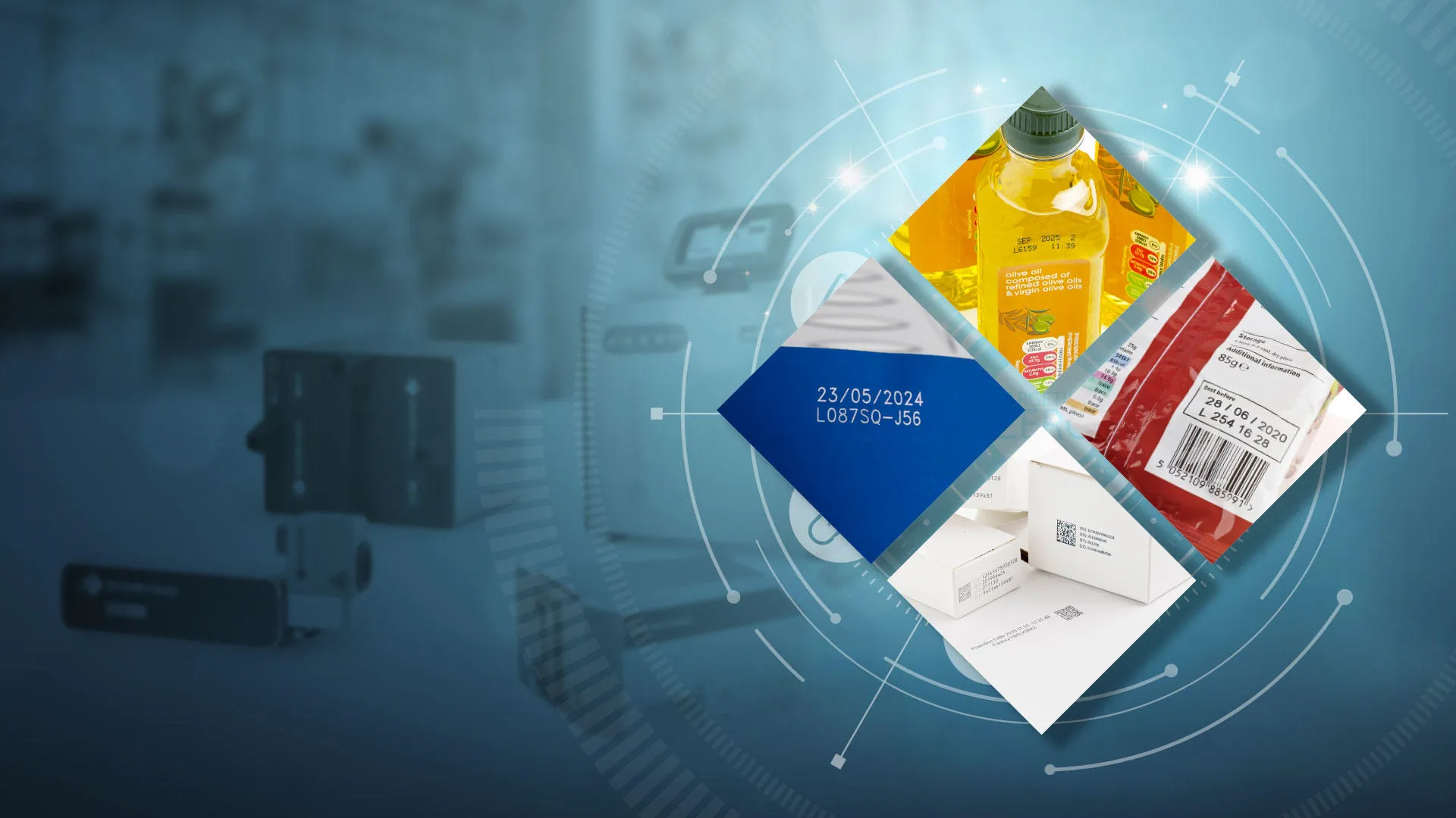 Hintergrundbild, auf dem vier Diamanten zu sehen sind. In den Diamanten sieht man Druckmuster & Codierungen, die mit verschiedenen Systemen auf unterschiedlichen Produkten aufgebracht wurden. 