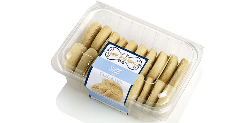 Plastic box of cookies with UV95 ink label that is food packaging compliant