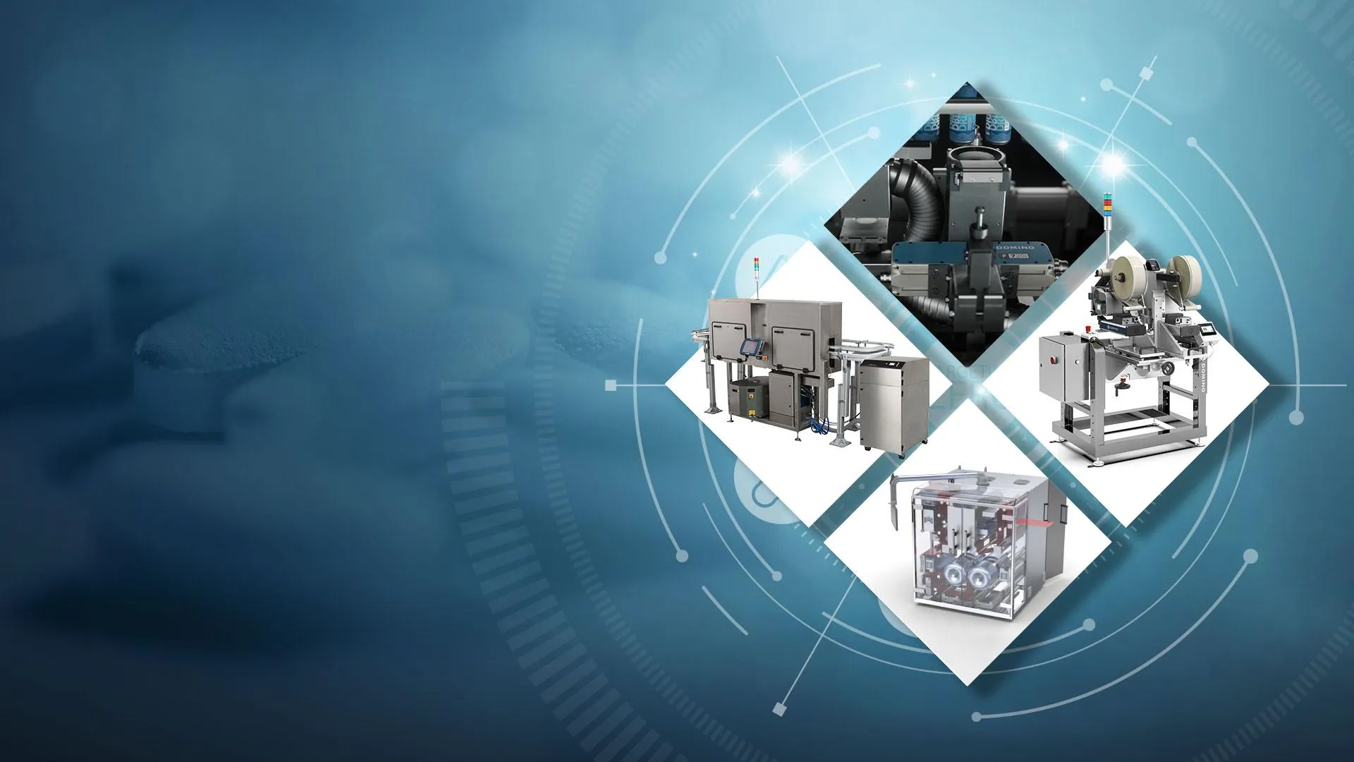 Eine Collage von sektorspezifischen Drucksystemen aus dem Domino Portfolio