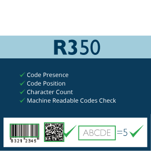 Lijst met functies van de R350 R-Serie om codeerfouten te voorkomen. De R350 detecteert de aanwezigheid van codes, de positie en de leesbaarheid van de code. Dit is een ideale oplossing voor het controleren van de codekwaliteit