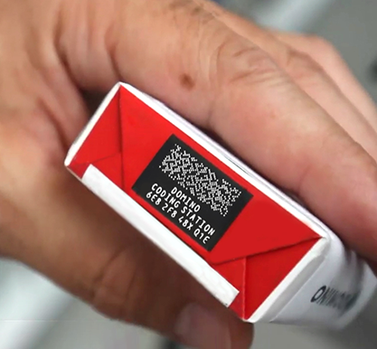 A Dot Code on a cigarette pack printed with the Cigarette Pack Coding Station, the ultimate Domino solution for Track and Trace and Unique Product Identification